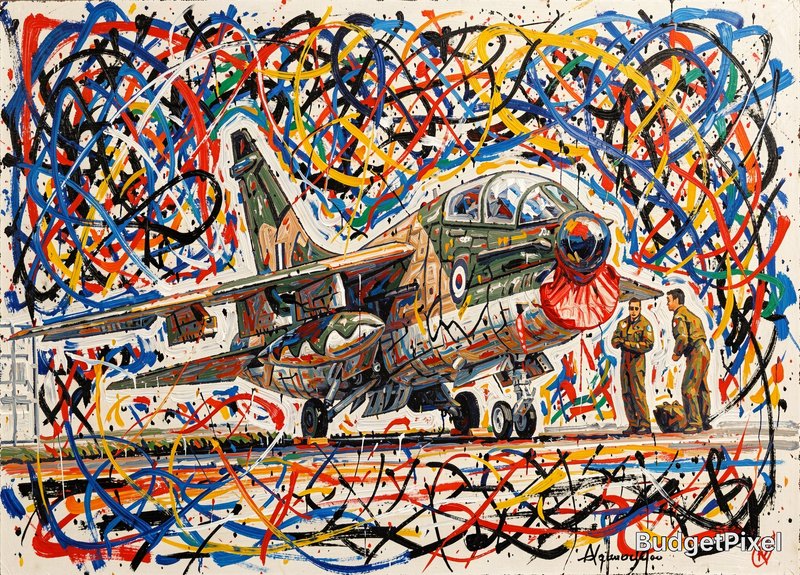 Abstract expressionist painting of a Royal Air Force military jet with two aircrew on an airfield...