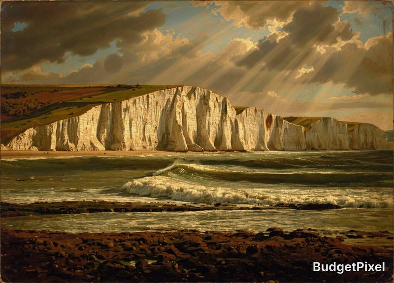 Oil painting of dramatic white chalk coastal cliffs, choppy sea, and sunbeams filtering through s...