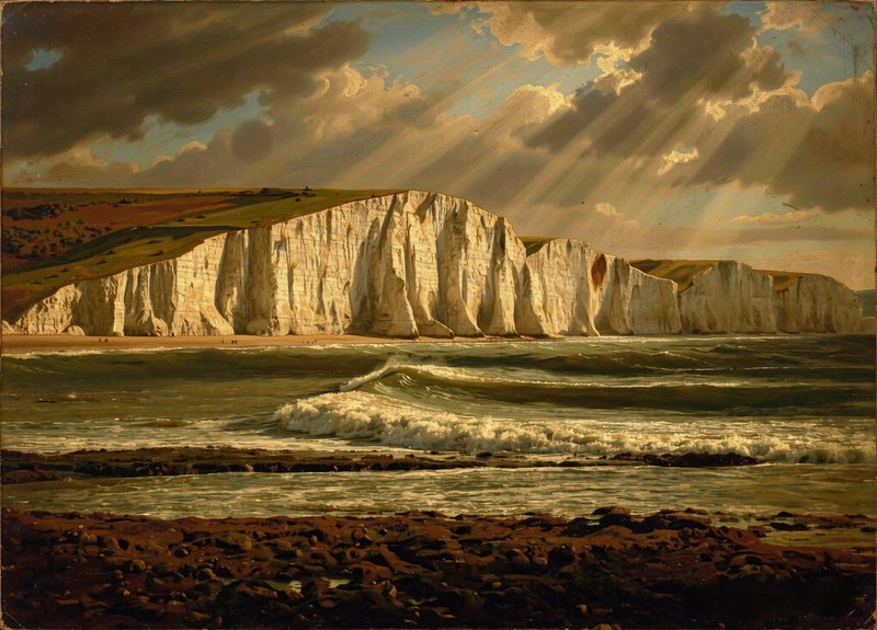 Vintage oil painting of tall white chalk coastal cliffs, sunbeams breaking through stormy clouds ...