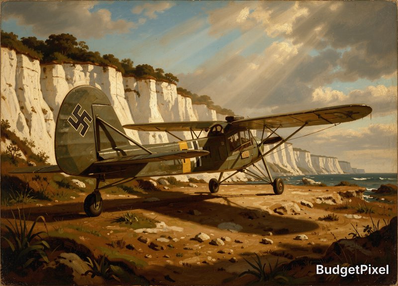 Vintage WWII German Fieseler Storch aircraft parked on a coastal dirt strip beside white chalk se...