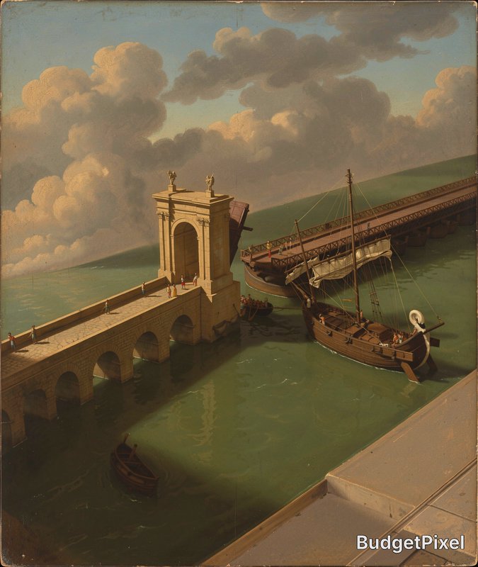 Oil painting of an ornate stone drawbridge raised to let a wooden sailing ship pass along a calm ...