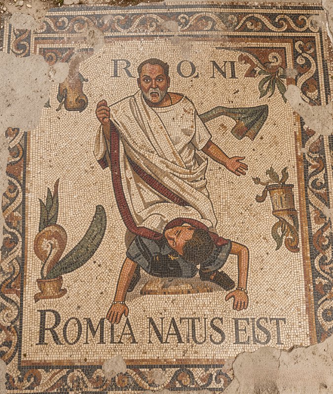 Ancient Roman floor mosaic depicting a robed standing man over a falling figure, with Latin inscr...