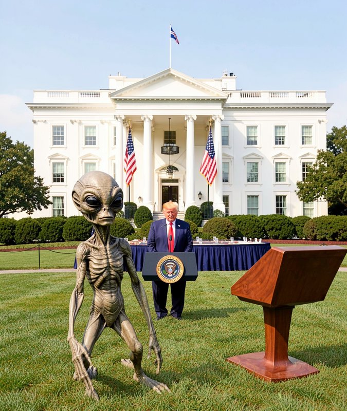 Classic grey extraterrestrial alien stands on the White House lawn, with Donald Trump at a presid...