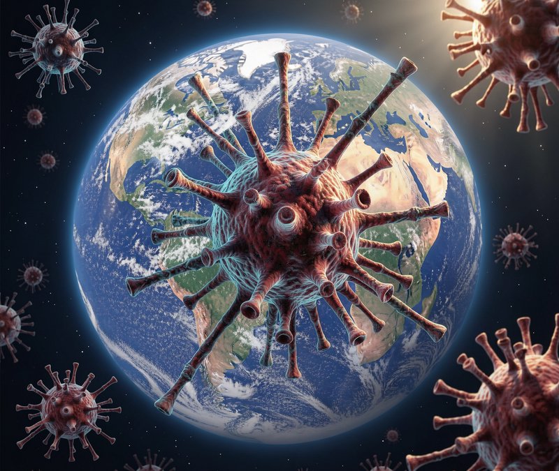 3D rendered coronavirus particles floating in outer space in front of planet Earth, illustrating ...