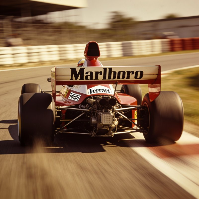 Rear view of vintage Marlboro-sponsored Ferrari F1 race car speeding on a track, motion blur conv...