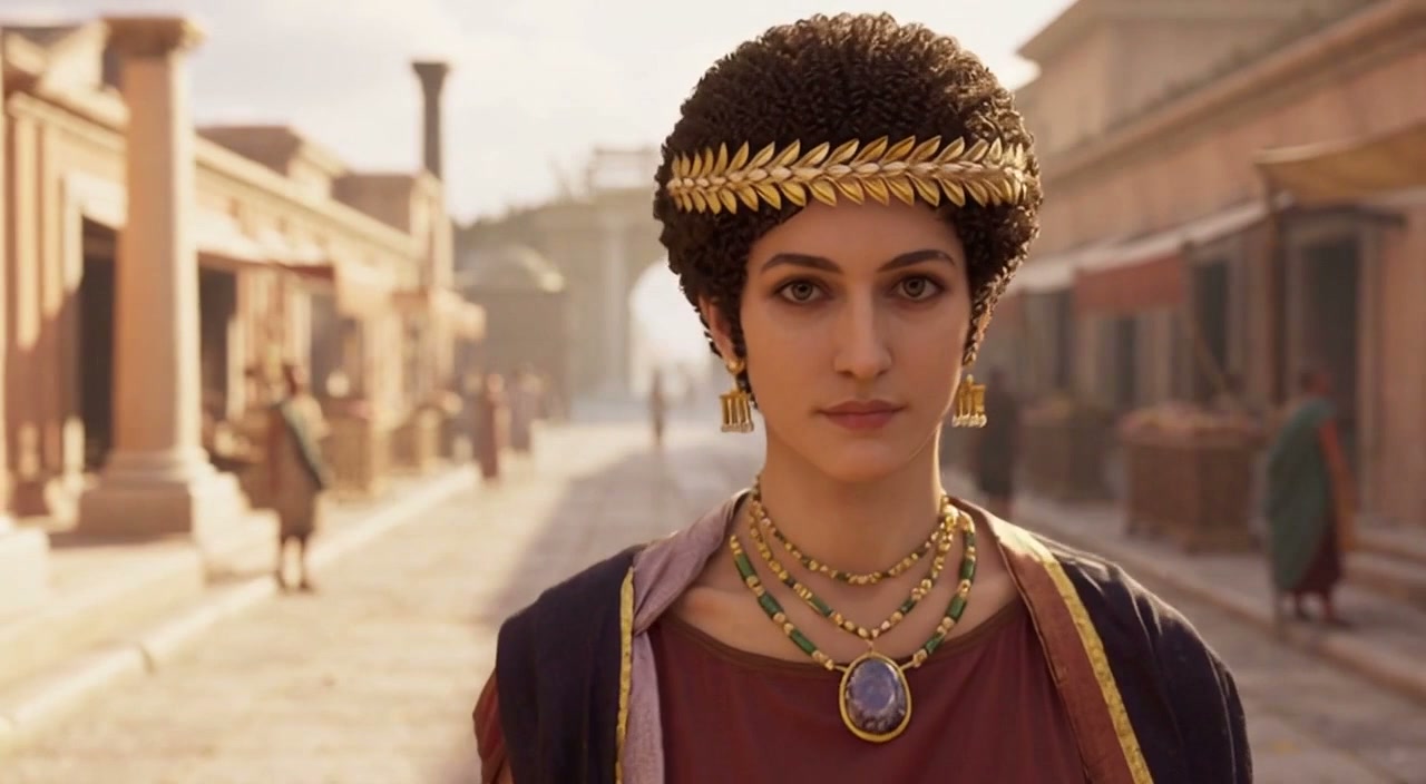 Young woman in ancient-style attire with a laurel headband and ornate jewelry in a sunlit classic...