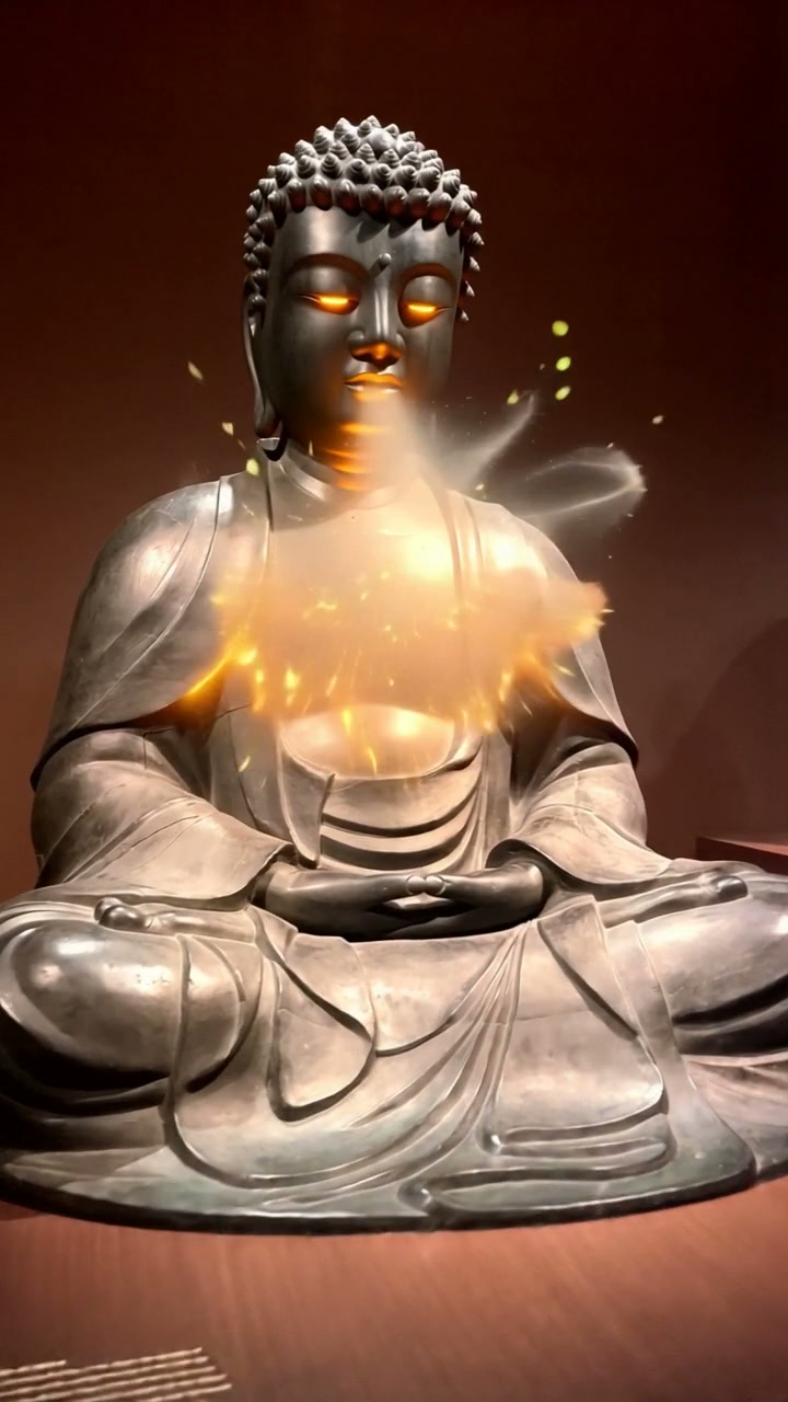 Bronze Buddha statue in a seated meditation pose with a glowing fiery aura around the chest