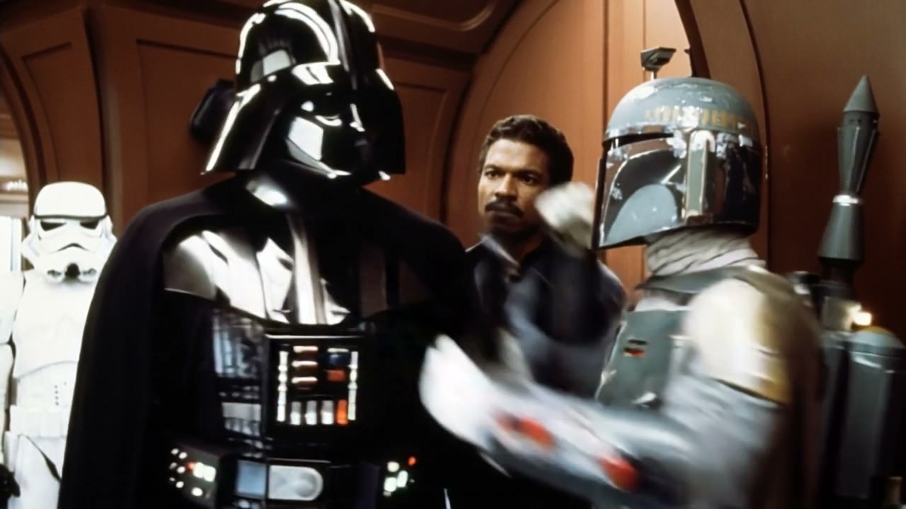 Darth Vader in black armor confronts Boba Fett and a human in a sci-fi corridor.