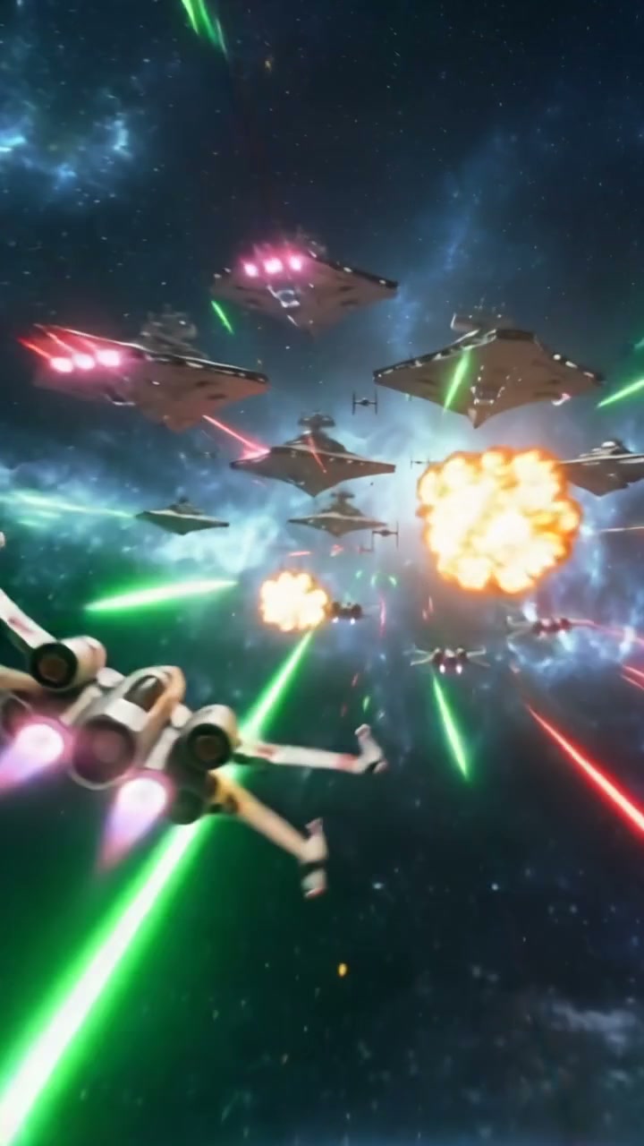 Space battle scene with multiple starfighters firing green and red lasers amid explosions.