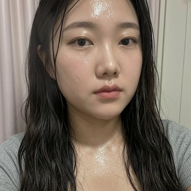 Close-up portrait of a young woman with wet, dewy skin and dark hair.