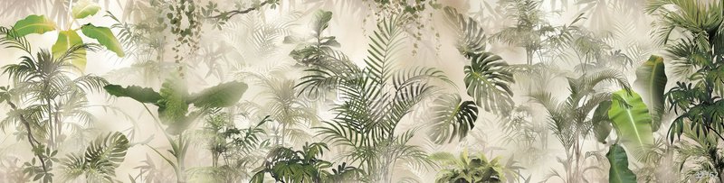 Lush tropical jungle foliage with misty, watercolor-style leaves and ferns.