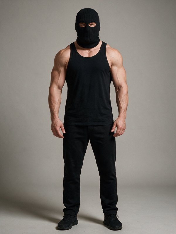 Muscular man wearing a black two-hole balaclava, black tank top and sweatpants stands against a p...