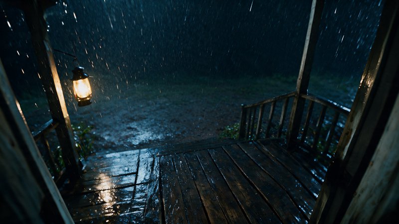 Glowing vintage lantern hangs on a rain-soaked wooden cabin porch during heavy nighttime rainfall.