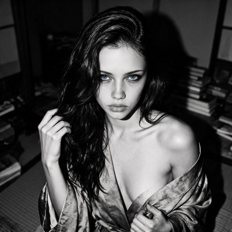 Black and white close-up portrait of a young woman with bright blue eyes holding her hair, wearing a draped silk robe.