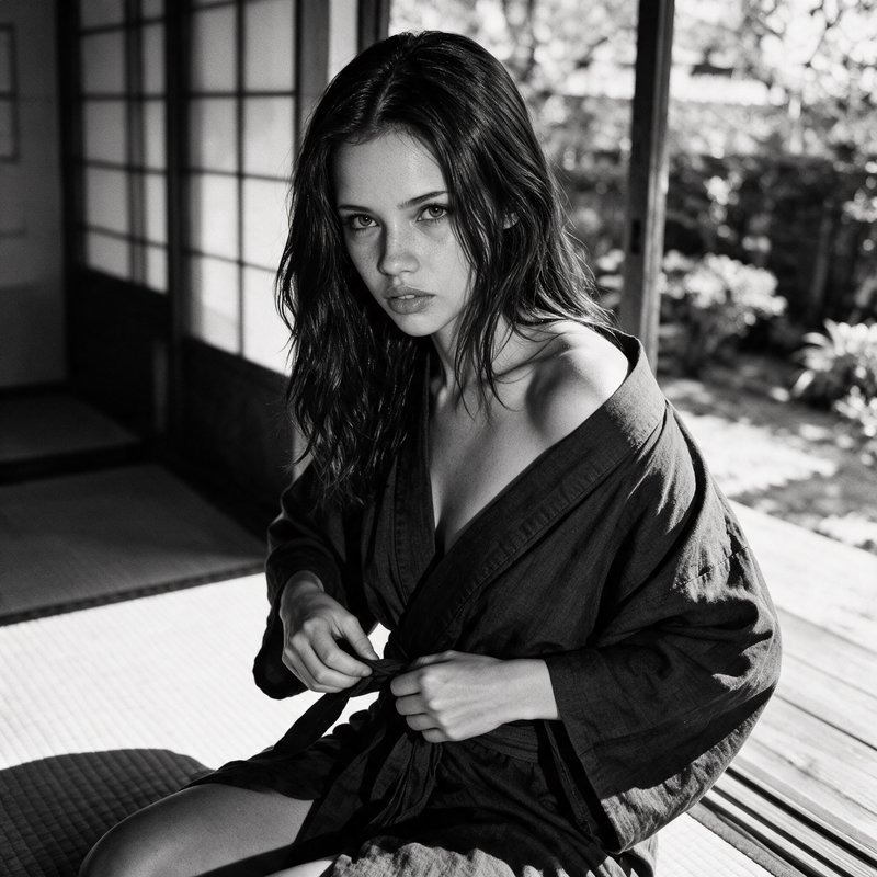 Black and white portrait of young woman tying dark linen robe, seated on tatami next to open Japa...