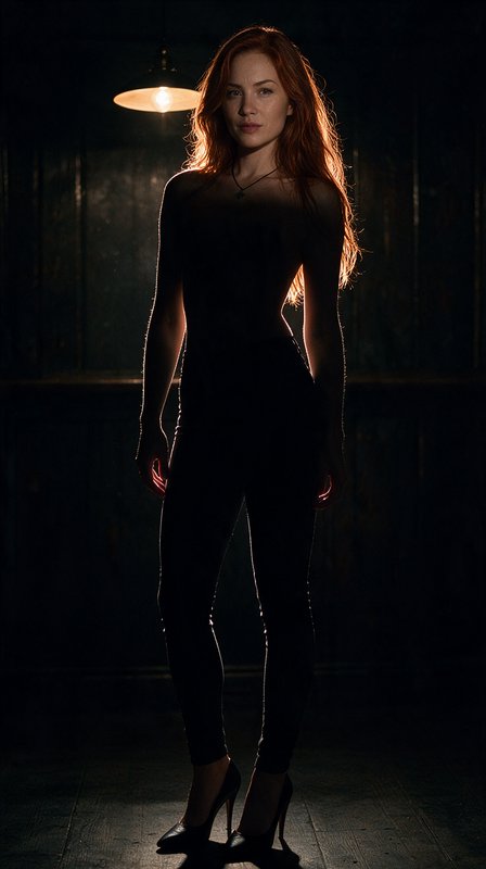 Backlit portrait of a red-haired woman in a black outfit standing in a dark rustic room under a warm hanging pendant lamp.