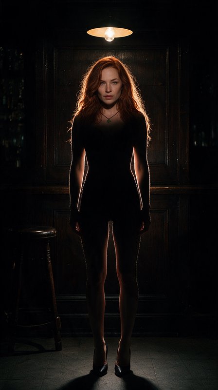 [Dramatic rim-lit portrait of a red-haired woman standing under an overhead lamp in a dark wood-paneled bar]