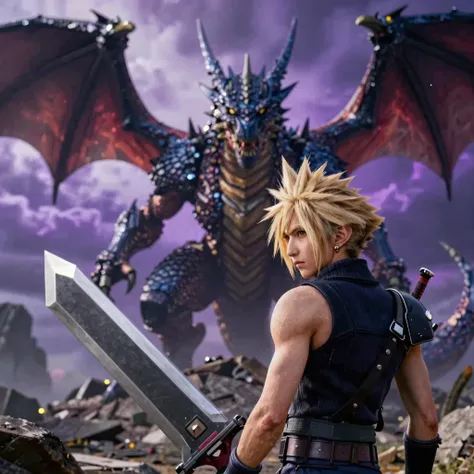Cloud Strife from Final Fantasy stands with a massive Buster Sword before a dragon in a ruined battlefield.