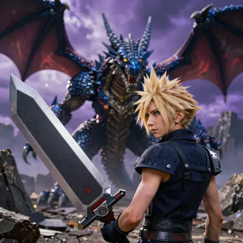 Cloud Strife with his large Buster Sword facing a menacing dragon in a dramatic battle scene.