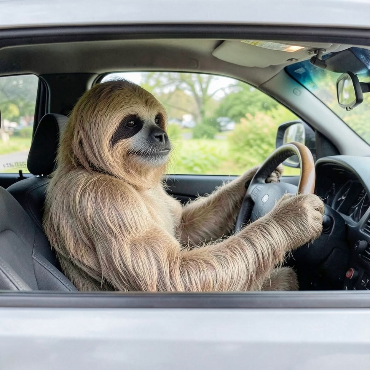 Sloth driving a car with both paws on the steering wheel inside the vehicle