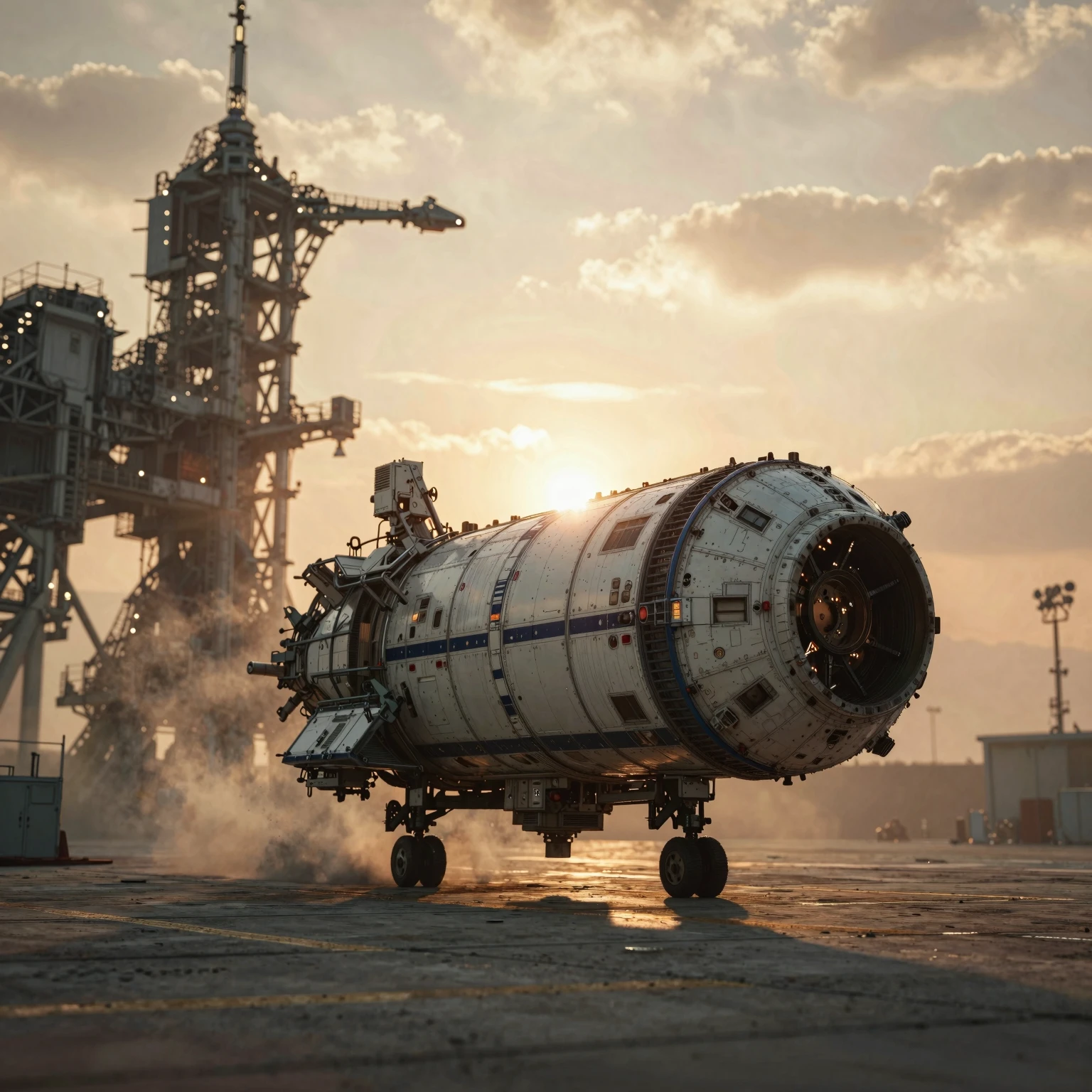 Large space capsule on landing gear on a launch pad at sunset with a tall service tower in the background.