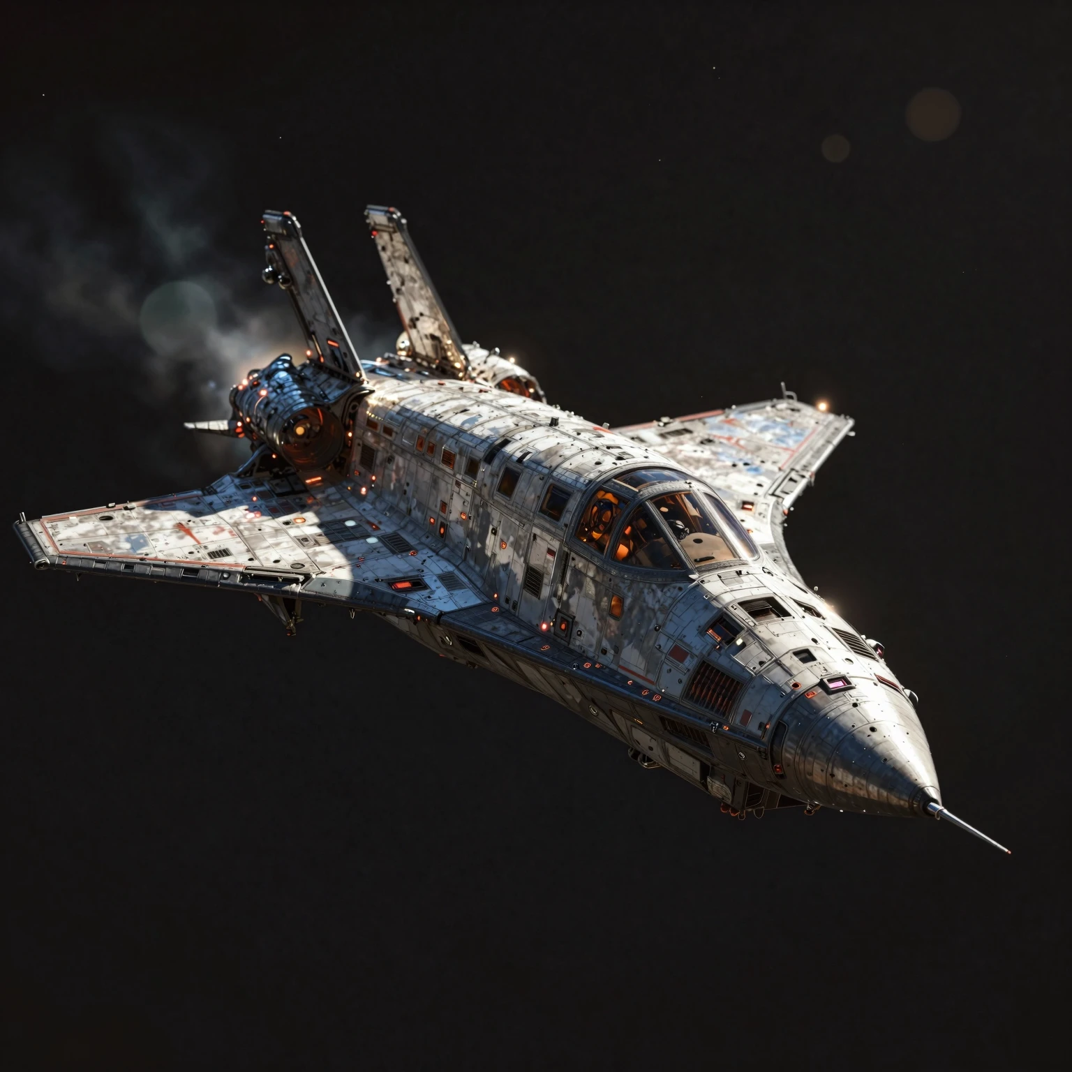 A detailed gray starfighter (X-wing) cruises in space with lit cockpit and wing-mounted engines.