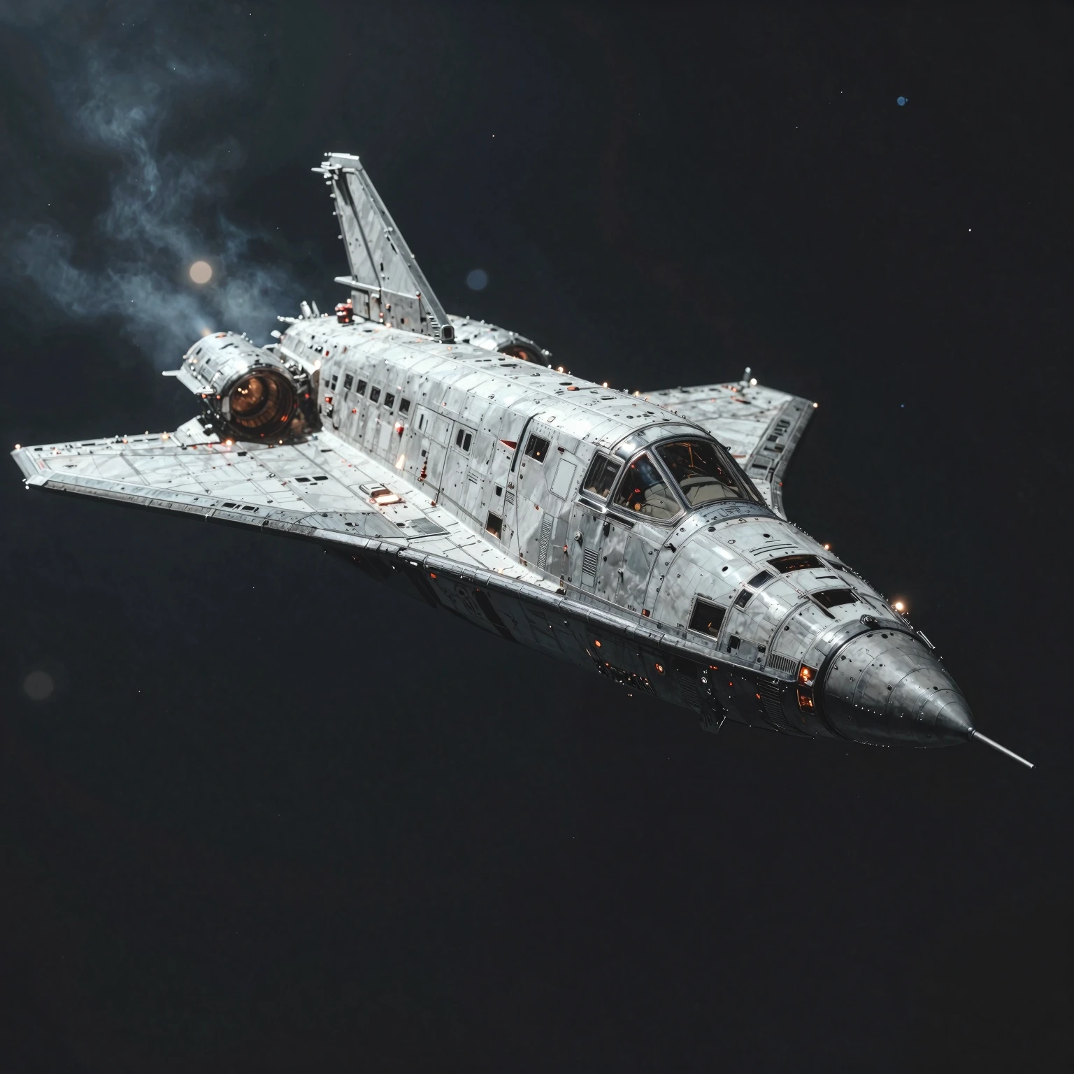 Space shuttle orbiter in orbit against the dark expanse of space