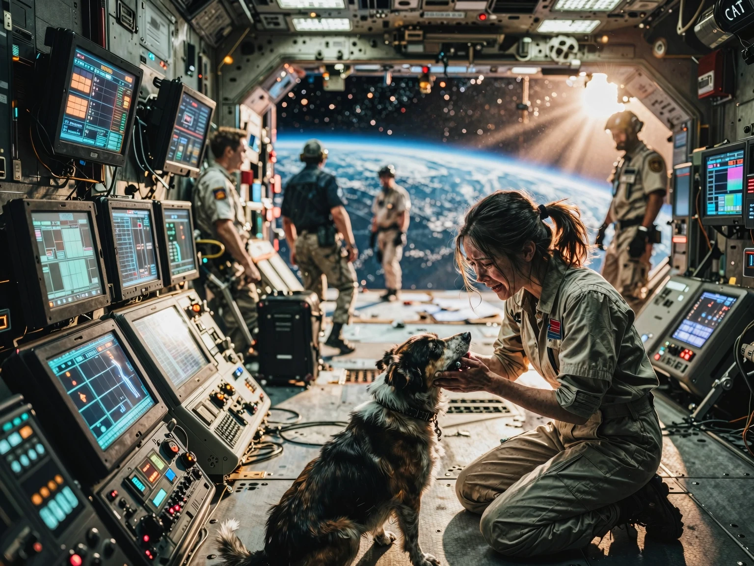 Astronaut kneels to pet a dog inside a space station with Earth visible through the hull window.