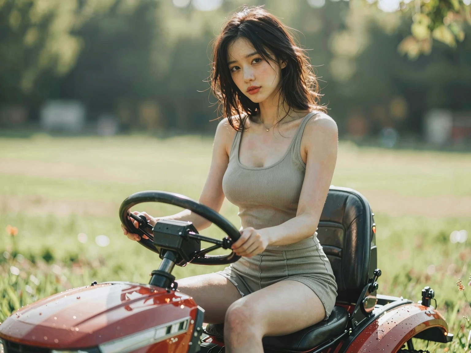 Woman in a gray tank top and shorts sits on a red vintage tractor in a sunlit field.