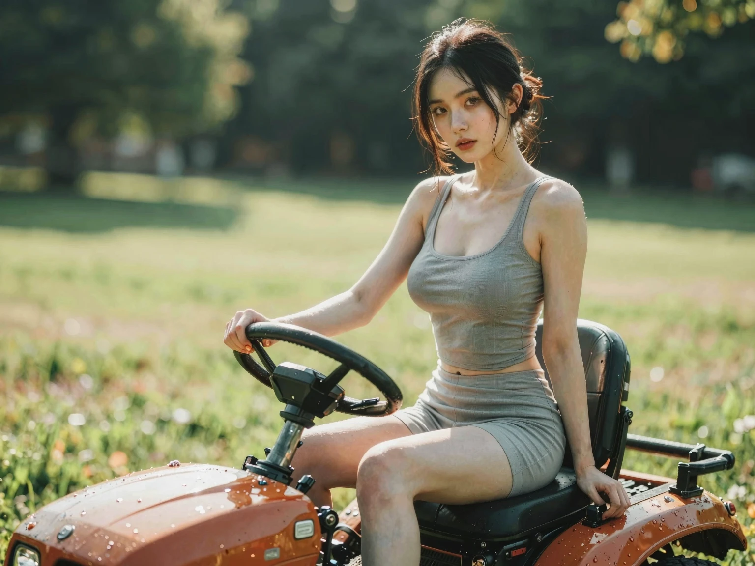 Young woman in a gray workout outfit sits on an orange tractor in a sunny park.