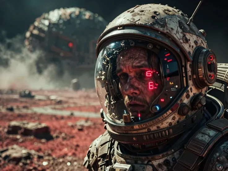 Injured stranded astronaut in a worn damaged spacesuit stands on a red alien planet, with a smoking crashed spaceship behi...