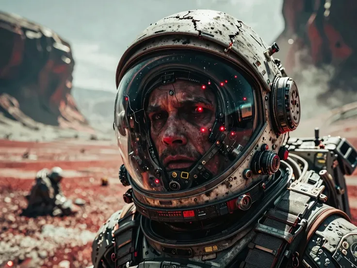 Injured astronaut with a cracked damaged space helmet stands on a desolate red alien planet, a fallen crewmate visible in ...