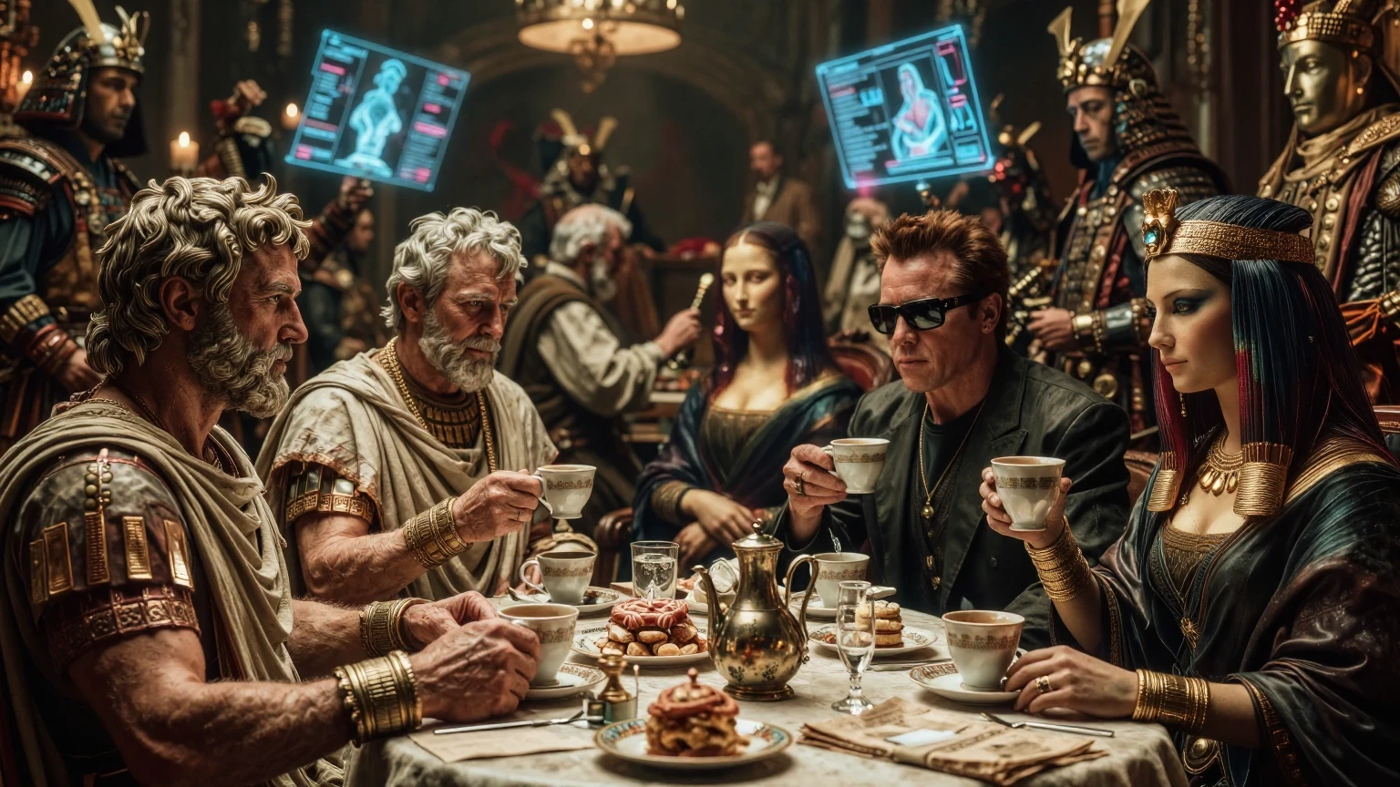[Surreal anachronistic banquet of iconic historical and pop culture figures drinking tea, with floating holographic screen...