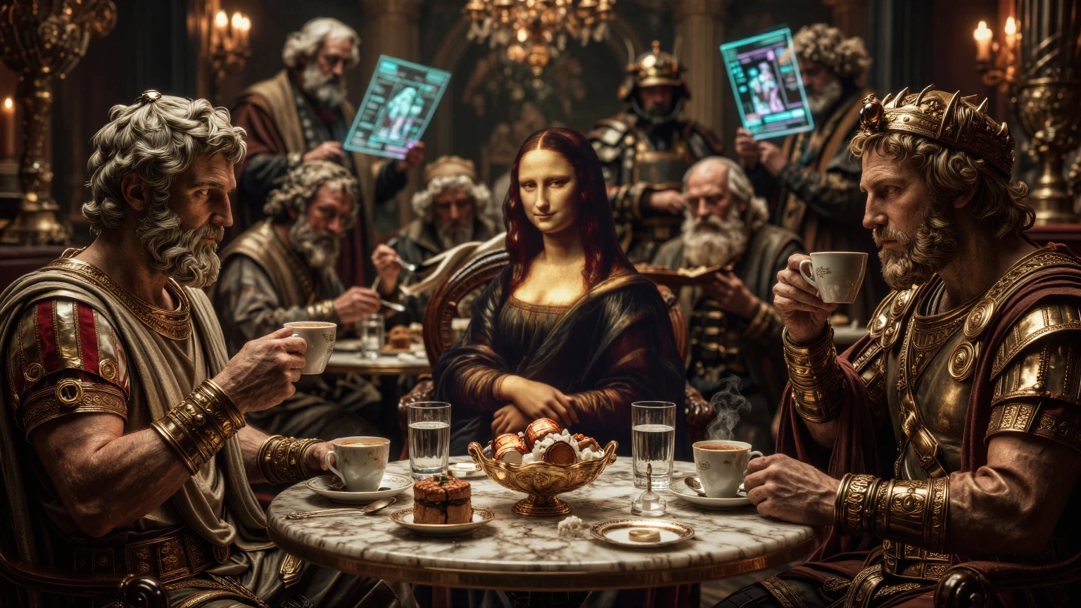 [Surreal fantasy artwork of Mona Lisa seated between Roman emperors at a coffee banquet, with holographic tablets in a gil...