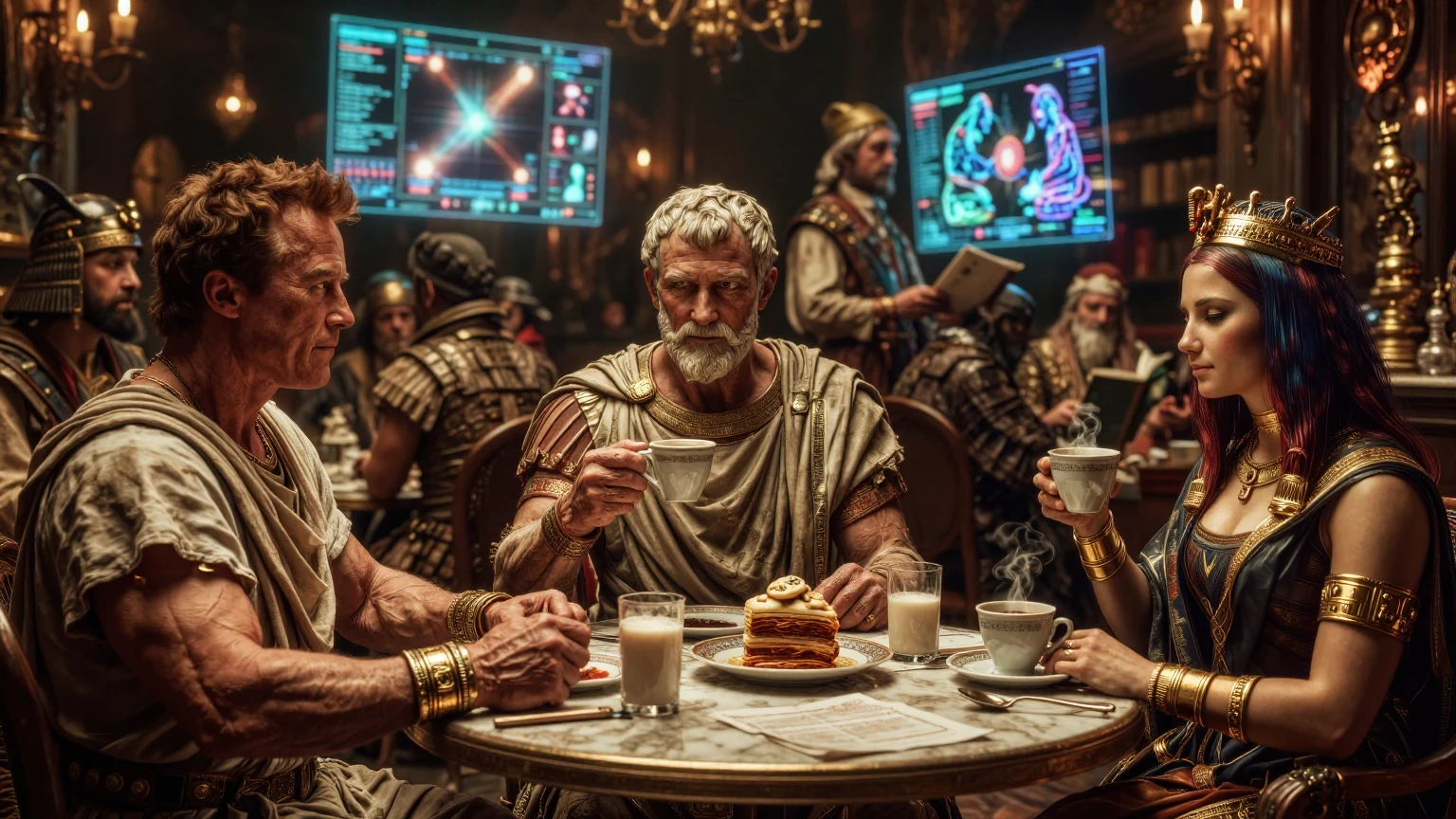 [Surreal anachronistic scene of historical figures drinking coffee together, with futuristic hologram screens in a candlel...