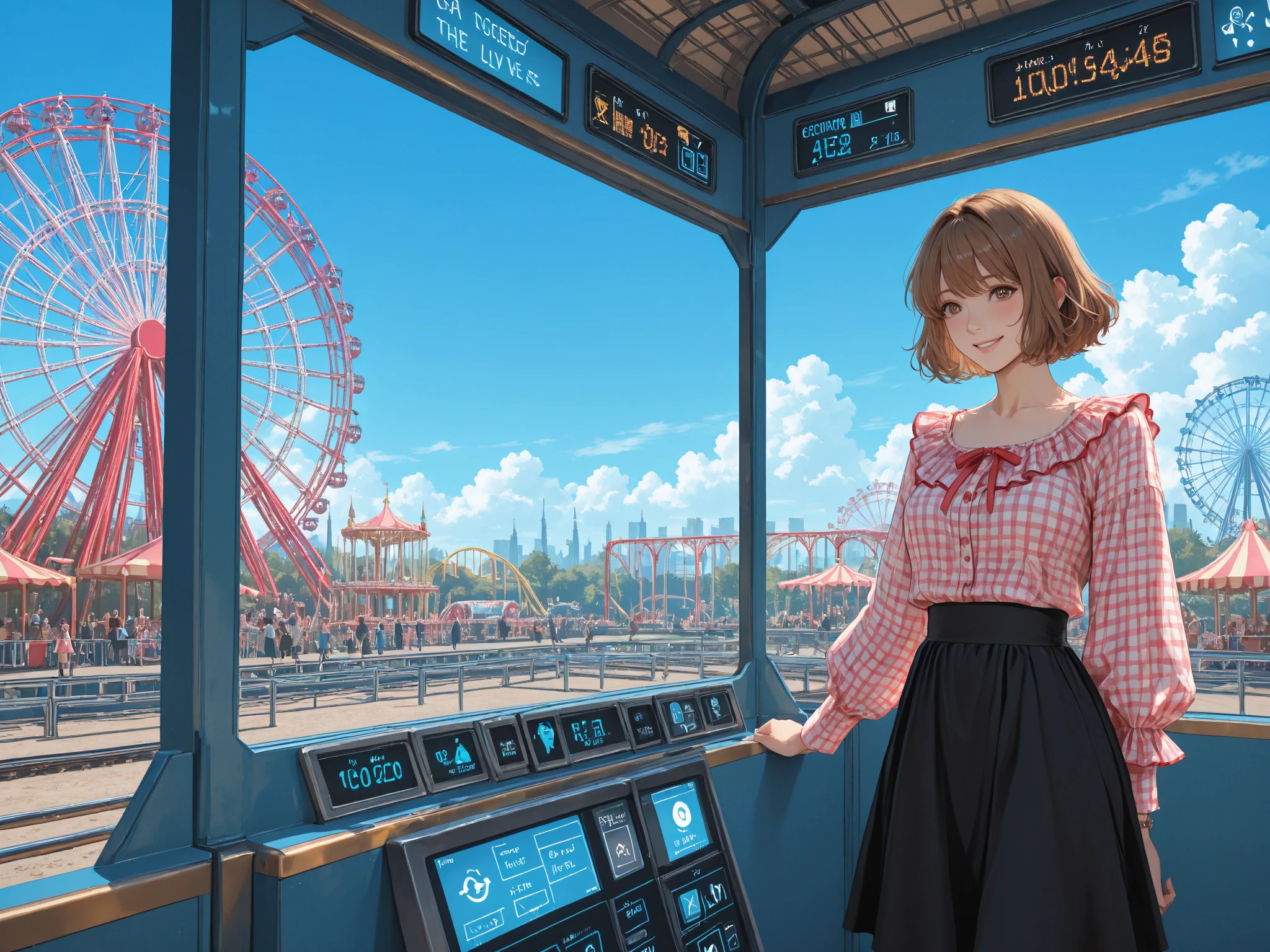 Smiling anime girl in a gingham blouse stands inside a futuristic ride cabin overlooking a sunny amusement park with ferri...