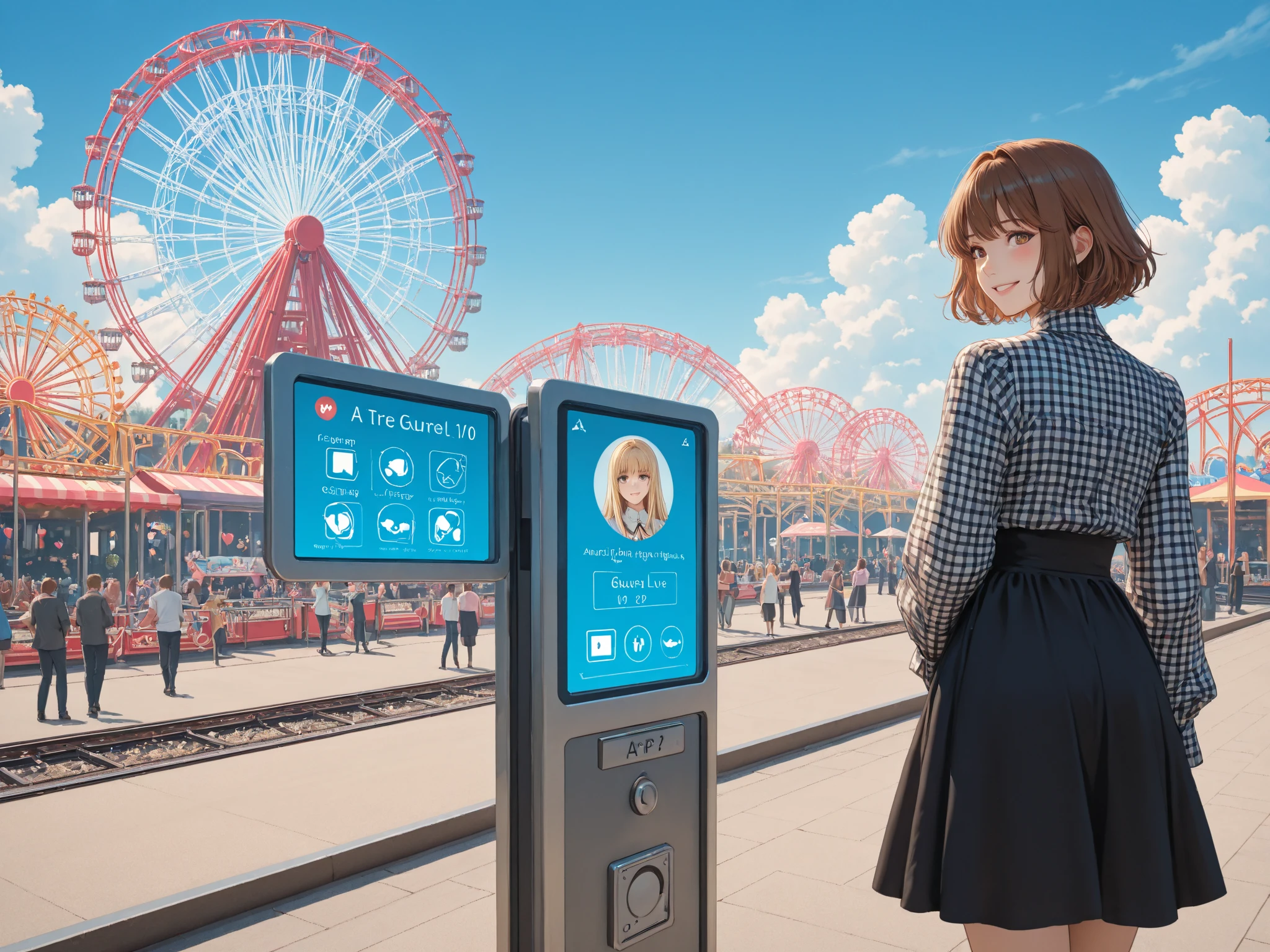 Smiling anime girl beside futuristic ticket kiosks at a vibrant sunny amusement park with ferris wheels in the background.