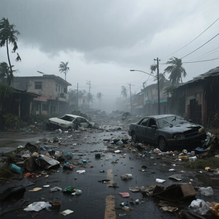 Post-hurricane residential street covered in debris, wrecked cars, and wind-bent palm trees during heavy rainy storm condi...