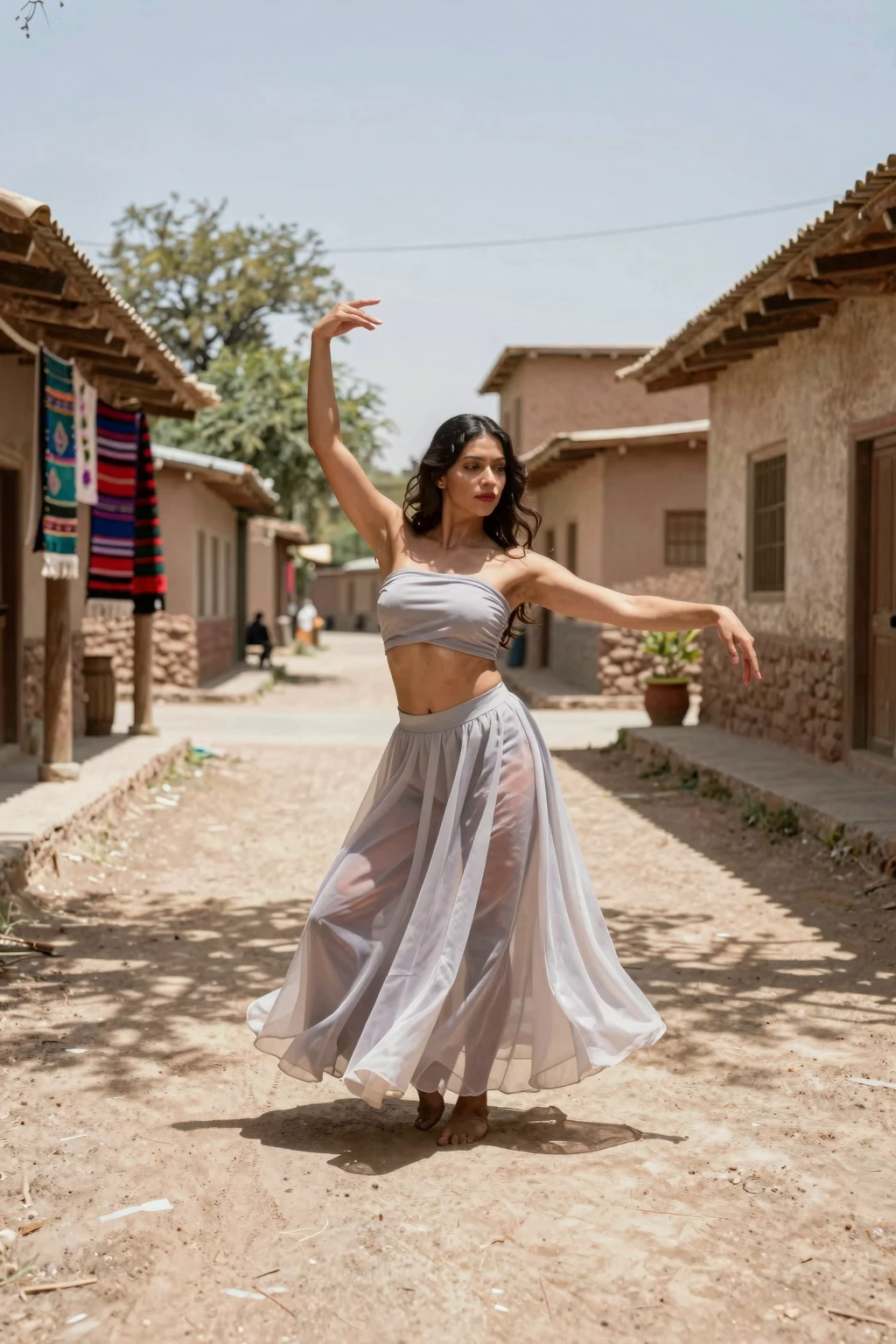 Woman in flowing grey dance attire poses barefoot — AI art by ...