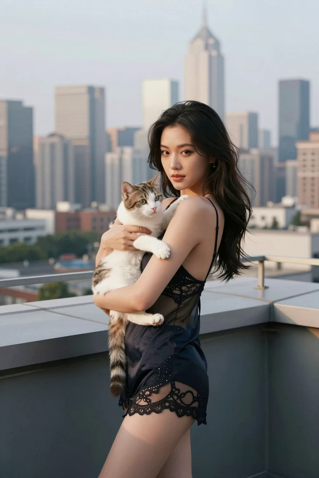 Young woman holding a tabby and white cat stands on a high-rise rooftop overlooking a city skyline