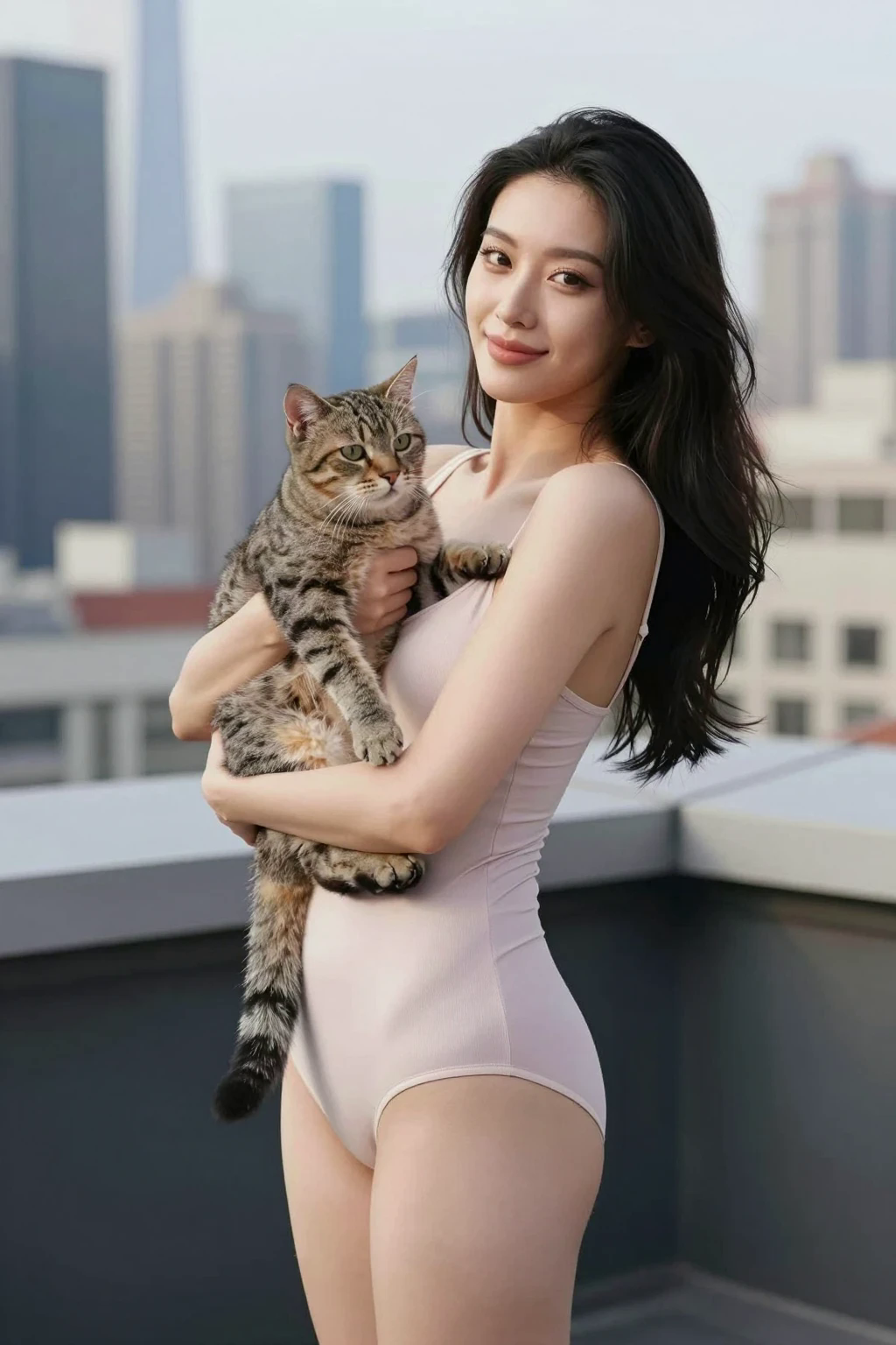 Young woman holding a tabby cat while standing on a high city rooftop