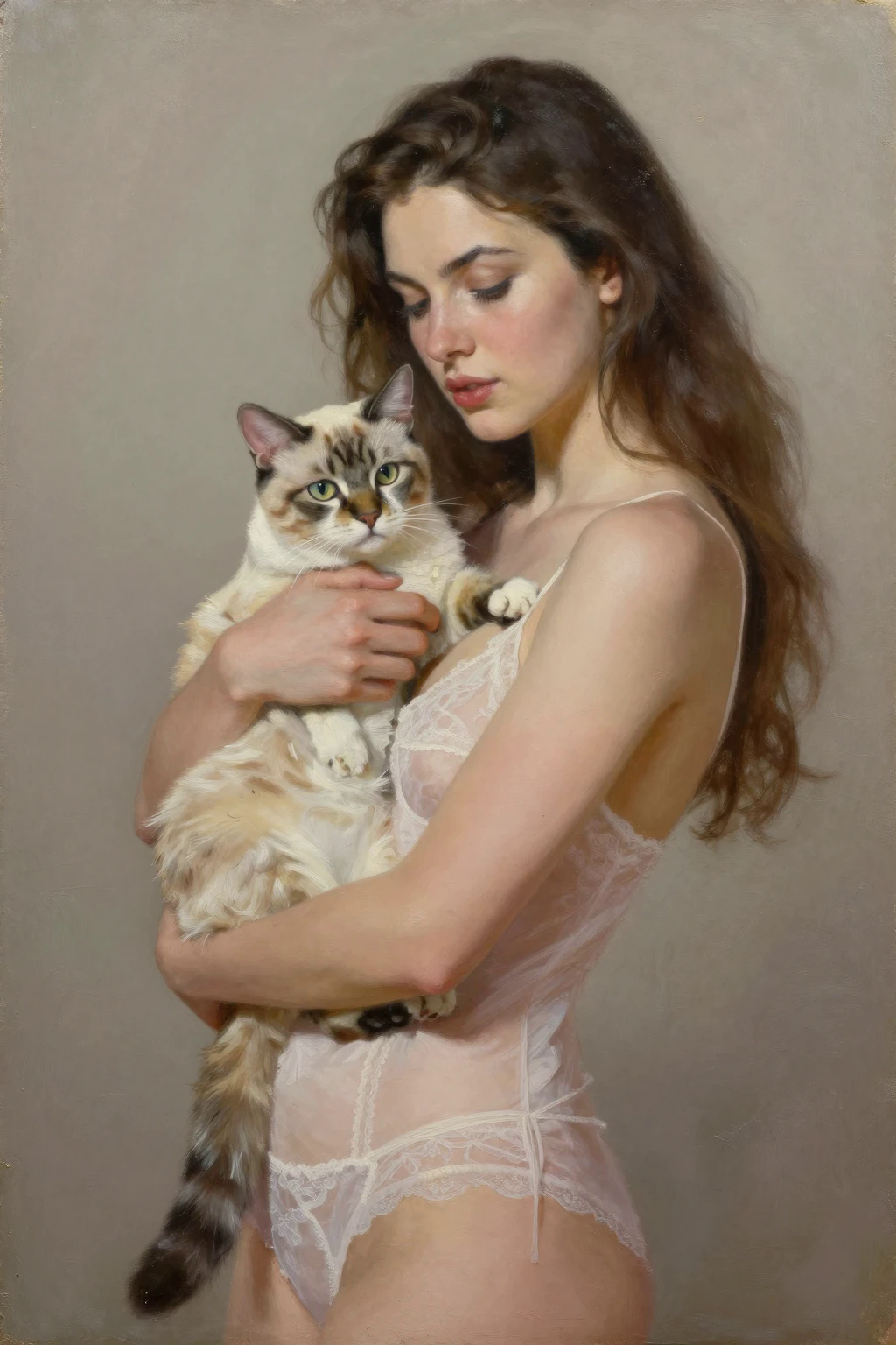 Young woman in delicate lace lingerie holds a fluffy long-haired tabby cat in a classical oil portrait