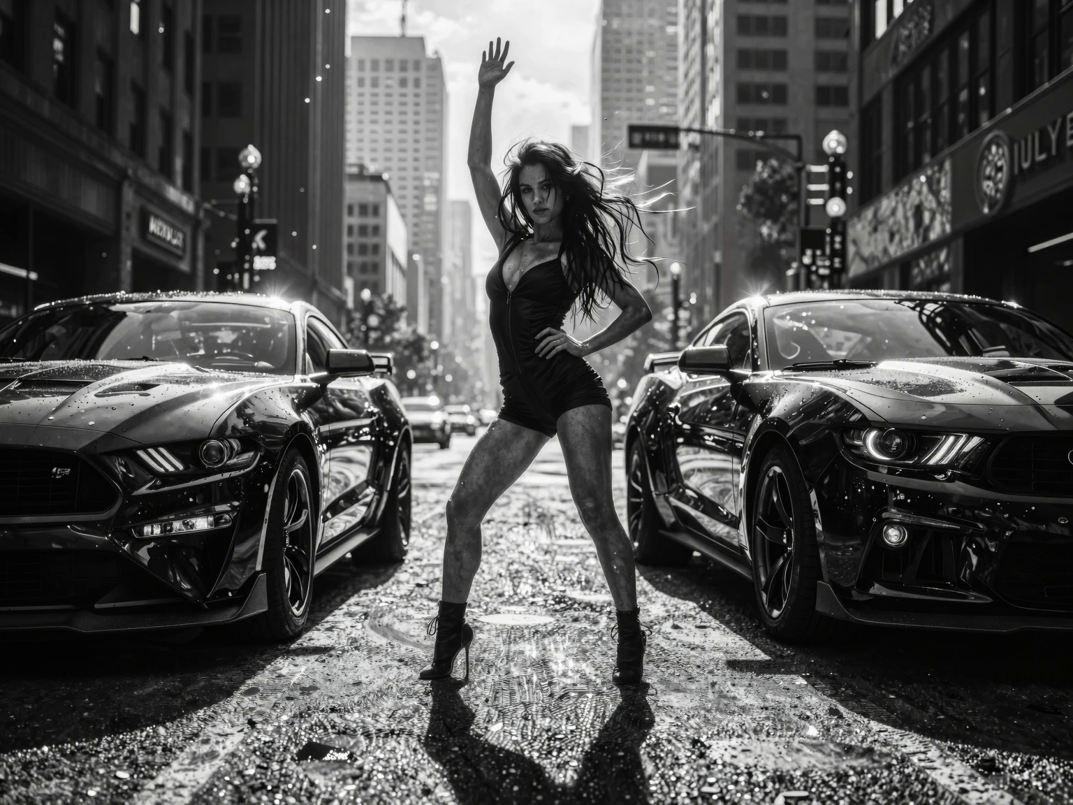 Confident model posing between two Ford Mustang muscle cars — AI art by ...