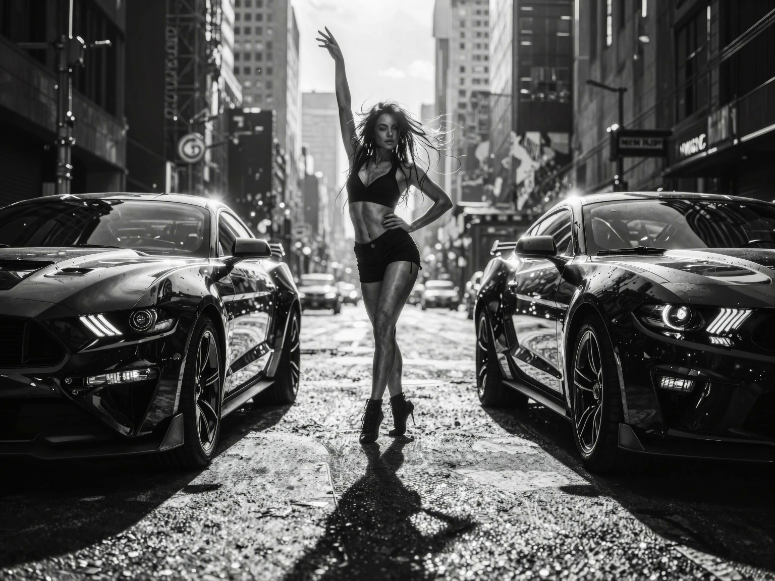 Confident model posing between two Ford Mustang muscle cars — AI art by ...