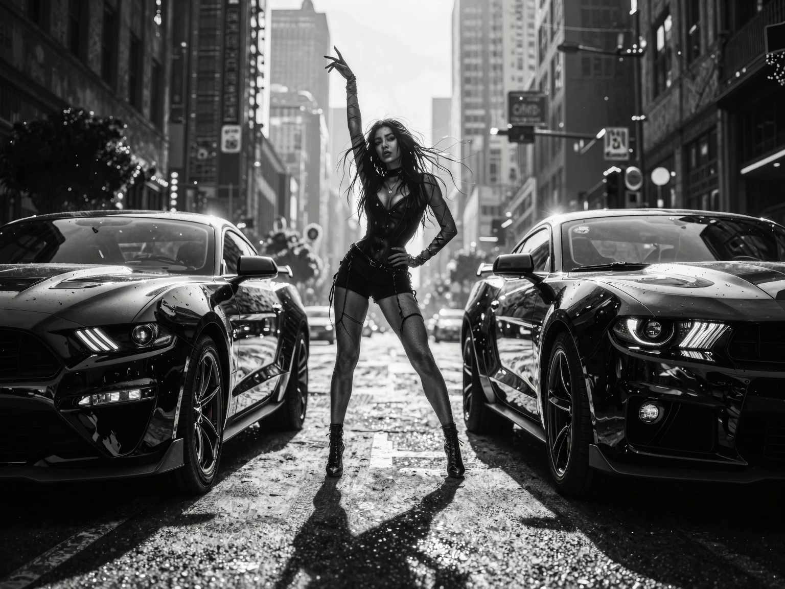Confident model posing between two Ford Mustang muscle cars — AI art by ...