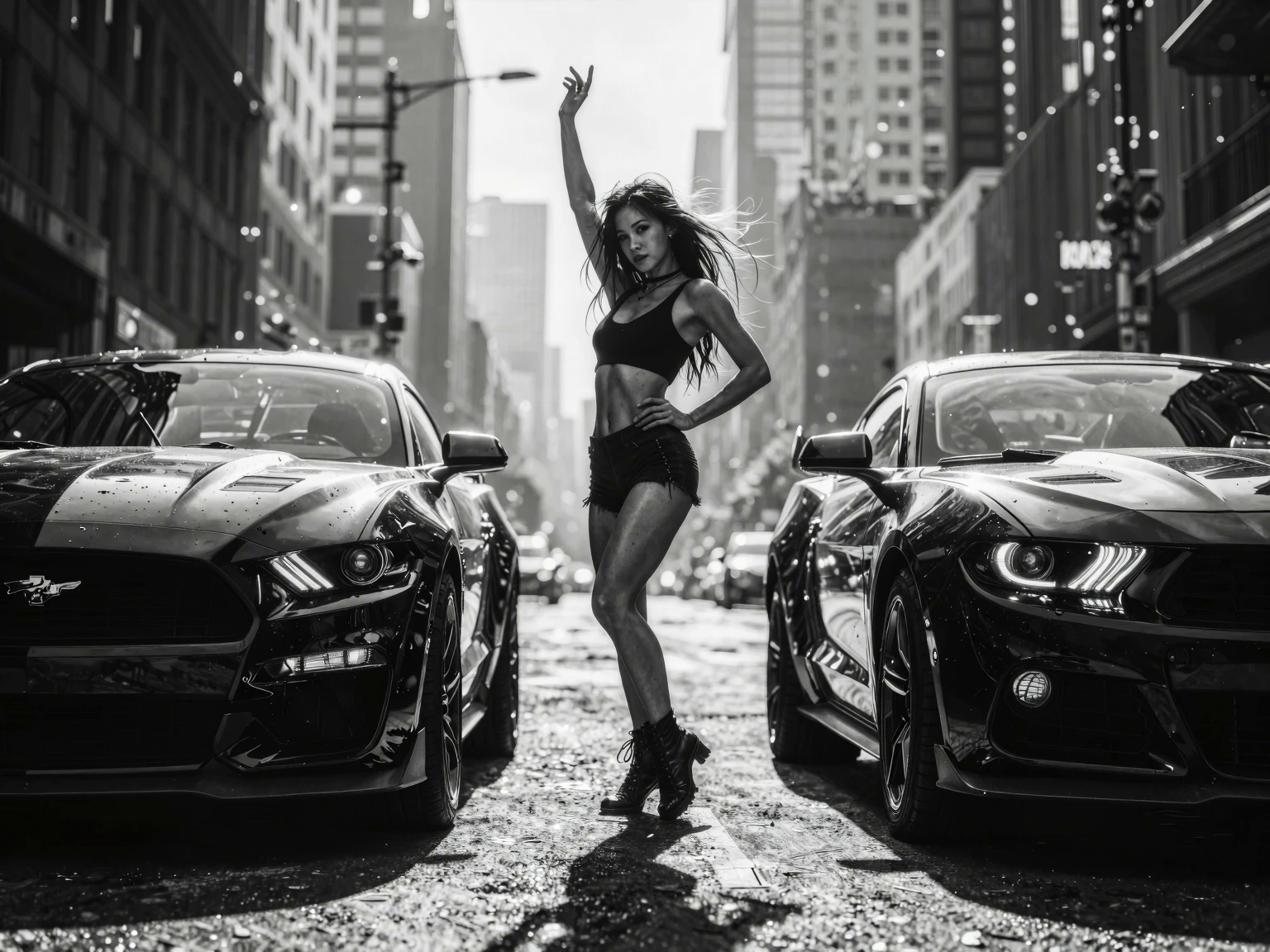 Confident model posing between two Ford Mustang muscle cars — AI art by ...