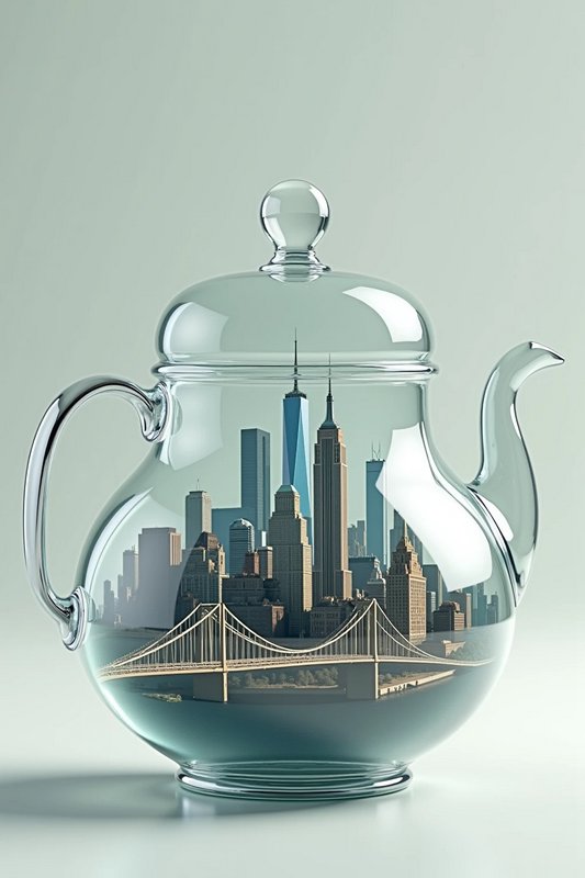 Glass teapot containing a miniature city skyline and bridge inside