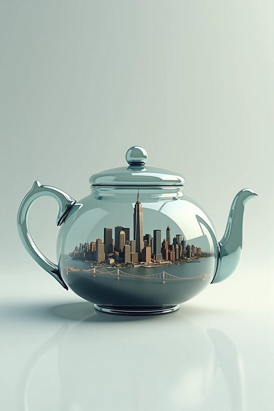 Glass teapot with a miniature city skyline inside, reflected on its curved glass surface.