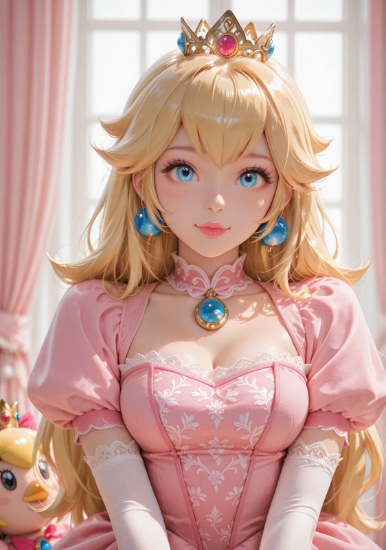 Cosplay Princess Peach in a pink ballgown with crown and blue jewelry.