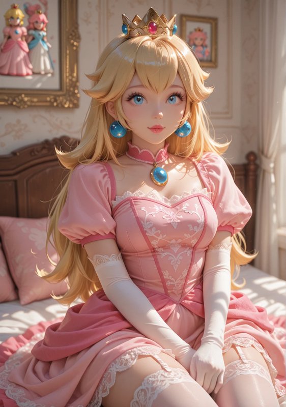 Blonde princess doll in a pink lace gown with crown and jewelry, seated on a bed.